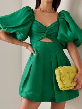 aje green mini dress Dusk Knot Puff Sleeve In Color Emerald Size 12 ruffle dress